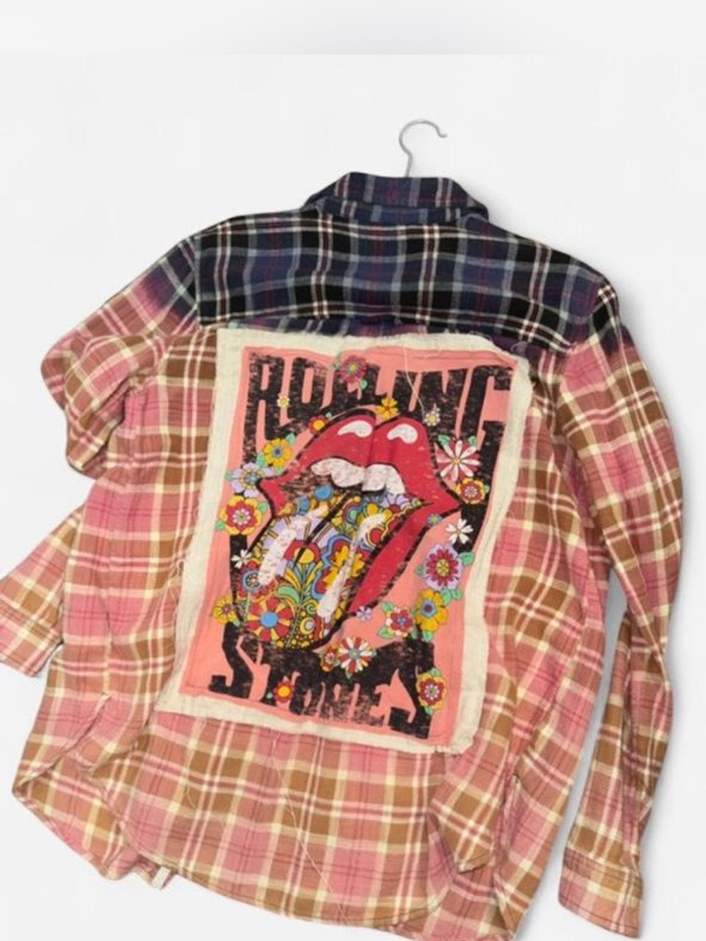 AE Plaid Patchback Upcycled Shirt with Pink Floral Graphic
